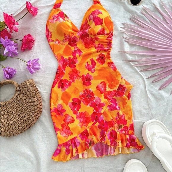 Dresses & Skirts - Floral Halter Dress - Orange and Pink

8105